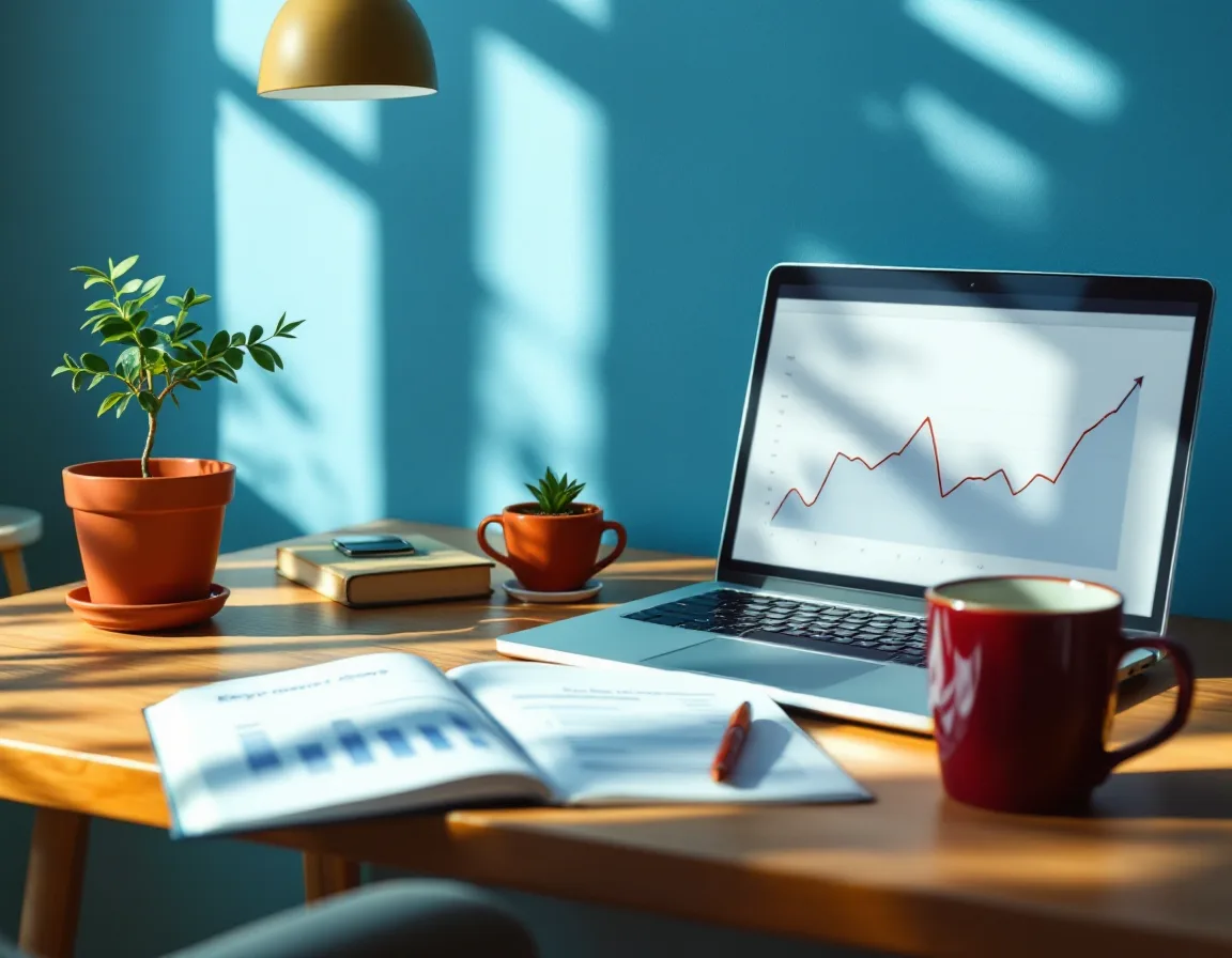 A studio desk with a seedling, a notebook of keyword maps, and a laptop showing a rising traffic line.